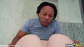 blonde babe rides interracial cock deep during sweaty creampie workout session