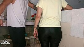 stepmom's friend gets her juicy pussy fingered and fucked in kitchen while chatting