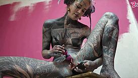 skinny tattooed babe stretches wet asshole with anal toys fingers and dildo till squirting gape