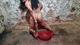 shemale stuffs pickle deep in ass for squirting anal enema play