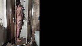 busty neighbor showers then rides dildo to ecstasy