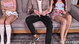 pervy stepdad uses shy teen stepdaughter's wet pussy next to her twin sis, dripping submissive action