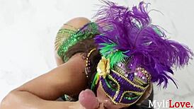Busty Oiled Brunette Milf Flashes Mardi Gras Assets