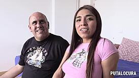 Preciosa Michi 18+ tetona rides old fat taxi driver's cock wildly