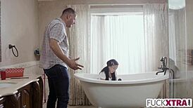 ohh in the tub she's shy but i lick her wet petite pussy deepthroat her hard