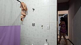 Stepdaughter gets wet watching stepdad shower then begs for creampie
