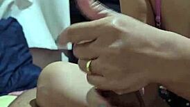 My sailor girl hotwife gives relaxing penile massage to big black cock with husband watching