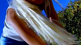 blonde cougar sucks deepthroat to drain full balls in public leggings