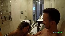 Naughty tanned goddess shakes wet ass after shower doggy pound