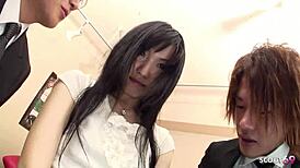 uncensored japanese teen bushy pussy double creampie mmf threesome casting