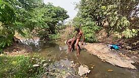 Chubby babe's swollen pussy belly takes hot doggie pounding riverside monster cock ass