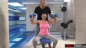 Big tits teen begs workout help then slurps friend's cock