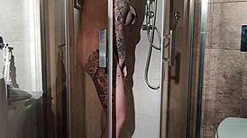 busty neighbor showers then rides dildo to ecstasy