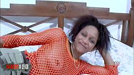 Shania's big pussy lips stretched in rough anal fuck on bed