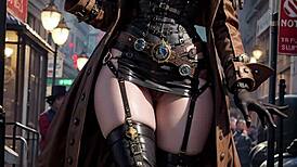 ai steampunk babe flashes her latex pussy outdoors in public thrill?