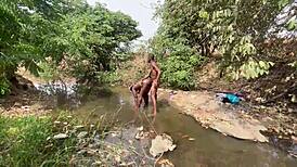 Chubby babe's swollen pussy belly takes hot doggie pounding riverside monster cock ass