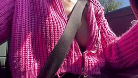 horny italian milf artemisia love flashes her juicy big tits while driving her car