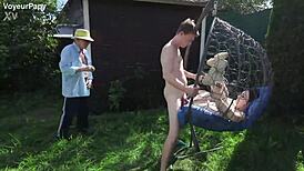 Teen slut chokes on monster cock for public anal by voyeur papy