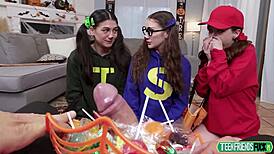wow, three best friends sharing one huge cock for halloween titty fuck!