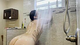 hey check dakota marr washing her wet hairy pussy in steamy shower