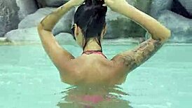 hot monika fox slips into her pink bikini, swims seductively in the pool then struts freely outdoors