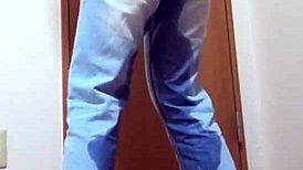 Girl soaks jeans peeing desperately while bro hogs the bathroom