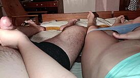 Stepmom Jerks Off My Cock in Bed with Close-Up Tits and Facial Cumshot Finish