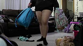 Chubby mommy shakes her fat ass while cleaning in tight shorts 😈🍑