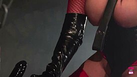 bound brunette begs for double strapon plus big cock to squirt in latex bliss