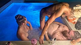 Deliah Grace and Scarlett Gushes rip clothes for hot tub creampie threesome