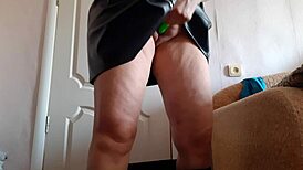 I can't resist masturbating in my leather skirt with toy at the office