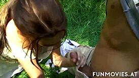 slim jackie tiefenbacher drops to her knees in the forest for a raw threesome pounding with amateurs.