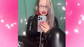 bimbo sissy gets femdom strapon instructions whispered through glasses in fantasy jerk off