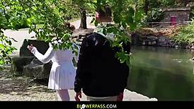 peachy alice's hairy pussy dominated in outdoor threesome with vibrator creampie
