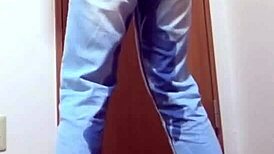 Girl soaks jeans peeing desperately while bro hogs the bathroom