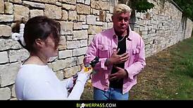 peachy alice's hairy pussy dominated in outdoor threesome with vibrator creampie