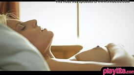 Blonde milf slicks oiled perfect body fingering to intense solo climax