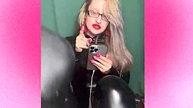 bimbo sissy gets femdom strapon instructions whispered through glasses in fantasy jerk off