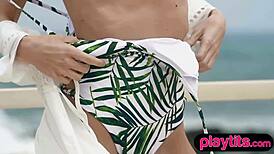 Slender Blonde Italian MILF Strips Petite Figure on Beach Outdoors