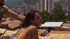 Housewife neighbor invites for coffee then bends over for rough doggystyle sex on terrace