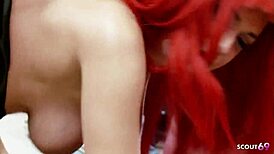inked redhead slut's saggy tits bounce in mmf dp anal seduction by two big cocks