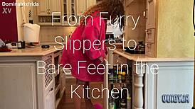 Suggestive Slip from Furry Slippers to Bare Toes in Kitchen