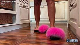 Suggestive Slip from Furry Slippers to Bare Toes in Kitchen