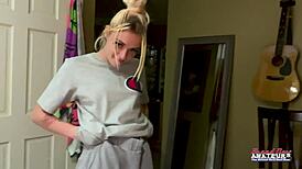 Skinny Blonde Hottie Rubs Tits Sucks Cock Swallows Cum!