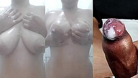 aw man, my small foreskin dick spurts while gf masturbates her wet pussy and tits... part 12