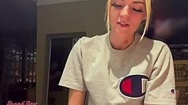 Skinny Blonde Hottie Rubs Tits Sucks Cock Swallows Cum!