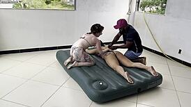 Duas gostosas call me over to fuck their juicy wet pussies on inflatable mattress