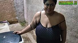 Naughty neighbor milf takes massive facial cumshot from horny guy!