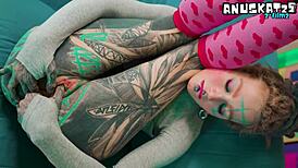 skinny tattoo slut fingers toys her tight asshole wide