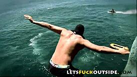 Fucking blonde chained in outdoor survival sex game on boat